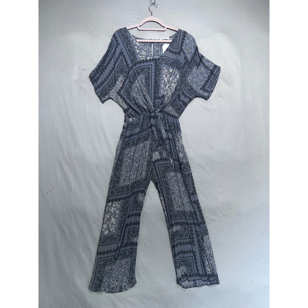 Blue Paisley Twist Front Short Sleeve Wide Leg Jumpsuit Bohemian Floral Print